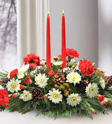 Holiday Centerpiece Two Candles from Clifford's where roses are our specialty