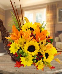 Rustic Cornucopia from Clifford's where roses are our specialty