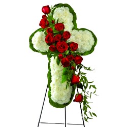 Floral Cross Arrangement from Clifford's where roses are our specialty