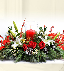 Festive Hurricane Centerpiece from Clifford's where roses are our specialty