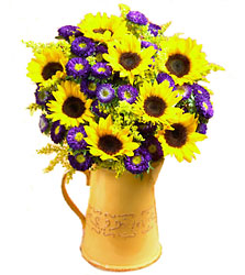 Sunflowers in a Country Pitcher from Clifford's where roses are our specialty