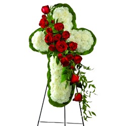 Floral Cross Arrangement from Clifford's where roses are our specialty