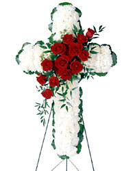 Floral Cross Arrangement from Clifford's where roses are our specialty